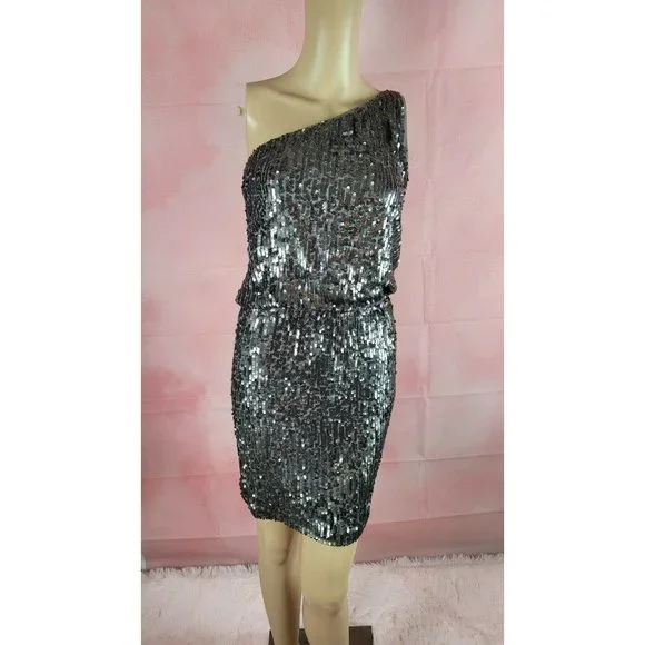 knee length dresses for ladies HALSTON HERITAGE Silver One-Shoulder Knee-Length Sheath Dress – The  Untitled Boutique main image 0